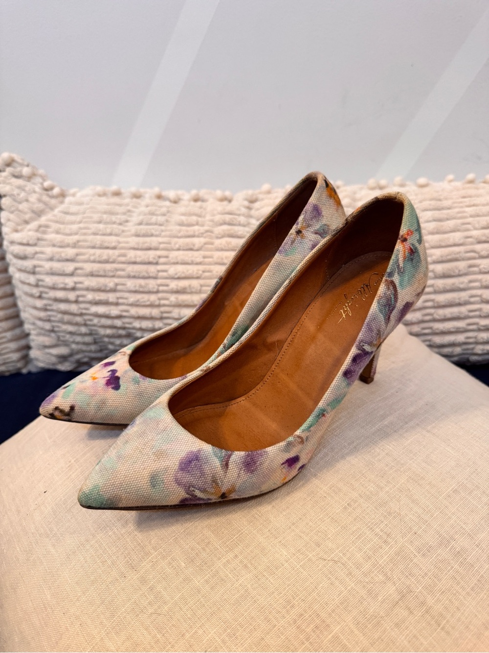 Anthropologie Floral Canvas Pointed-Toe Kitten Heels - Pastel Multi